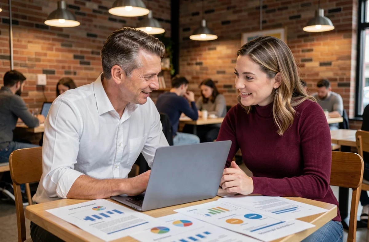 Deux professionnels collaborant sur des documents de stratégie de domaine dans un espace de co-working