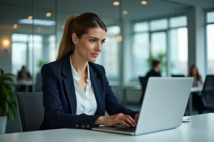 Collaboratrice se connectant à l'intranet Inetum sur un ordinateur portable dans un bureau moderne