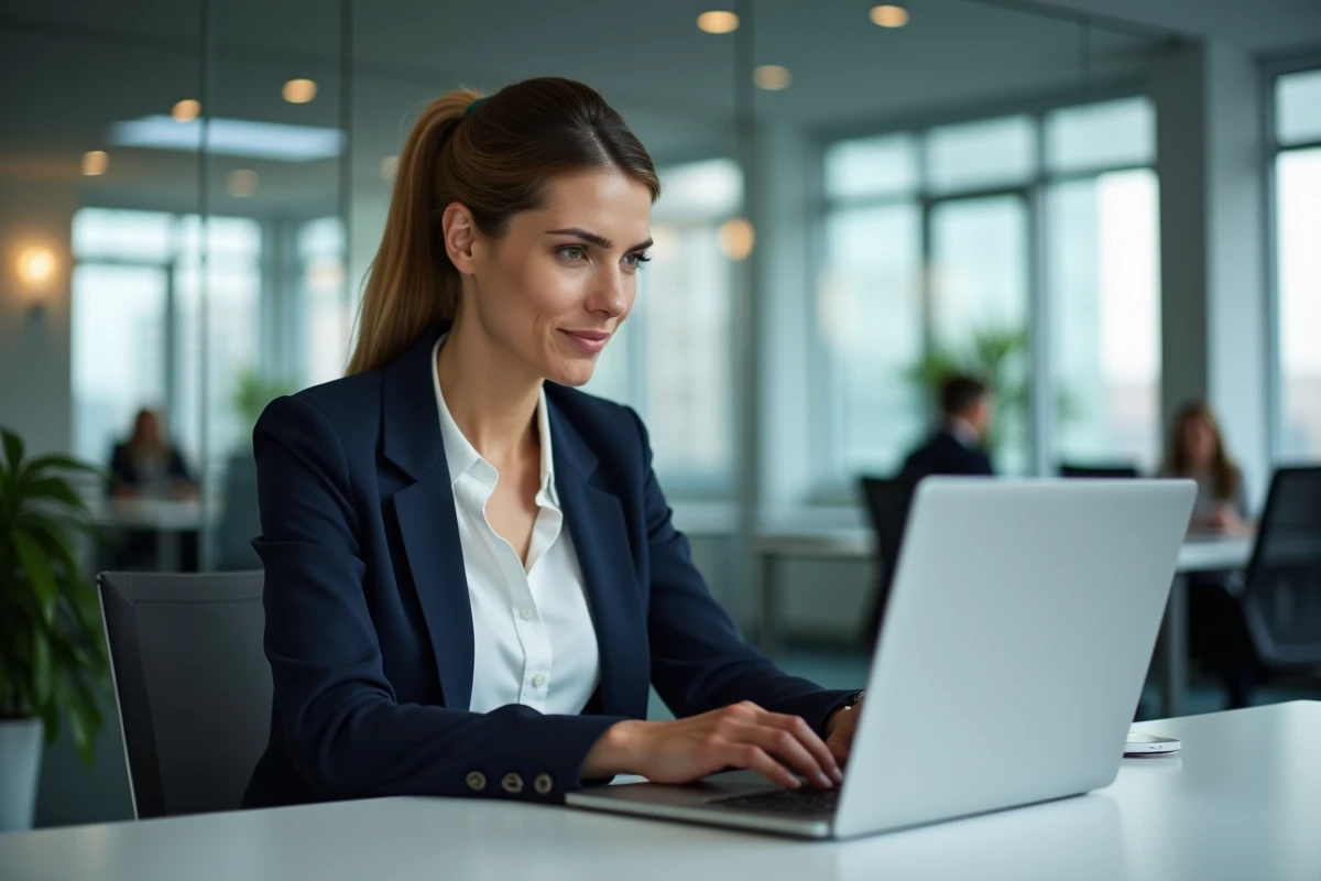 Collaboratrice se connectant à l'intranet Inetum sur un ordinateur portable dans un bureau moderne