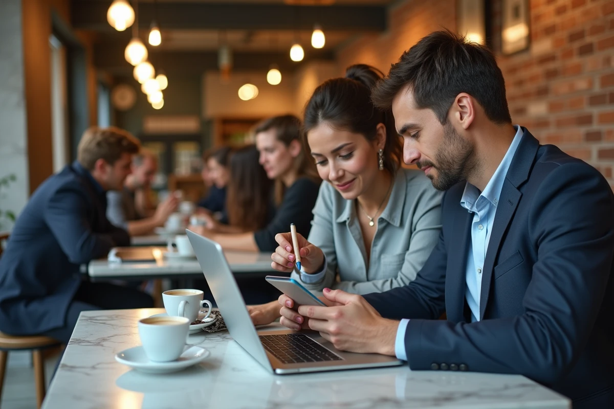 Deux collègues comparant l'affichage du gras LinkedIn sur mobile et ordinateur portable dans un café