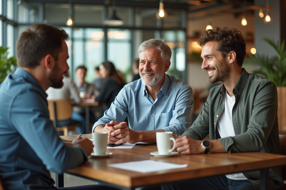 Trois collègues discutant dans une salle de pause chaleureuse