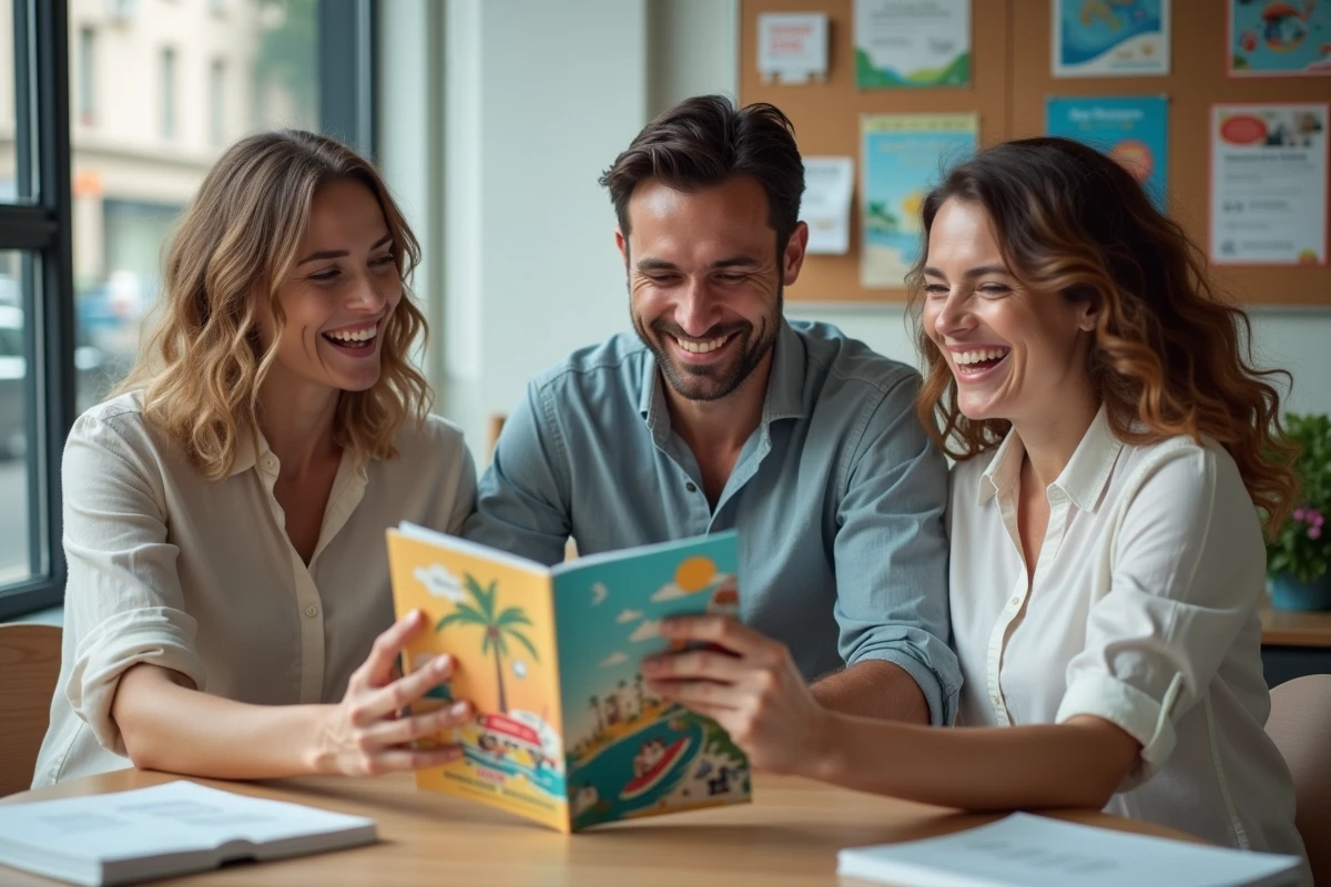 Collègues GMF consultant des brochures de vacances offertes par le comité d'entreprise dans une salle de pause moderne