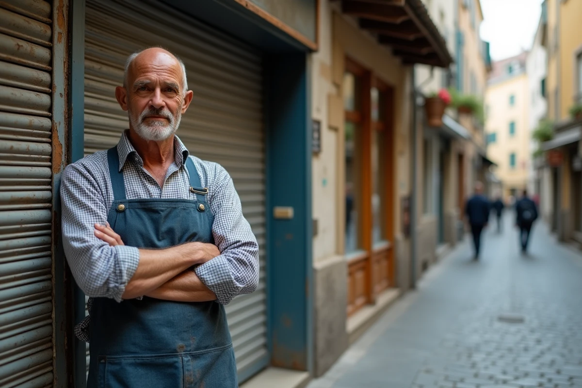 Commerçant devant la devanture fermée de sa boutique dans une rue commerçante française en déclin