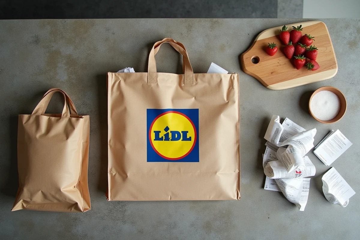 Vue aérienne de sacs de courses de différentes enseignes dont Lidl disposés sur un comptoir en béton
