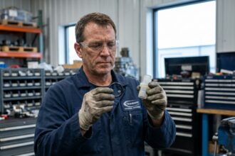Ingénieur industriel comparant une pièce en caoutchouc et une pièce en plastique dans un atelier de fabrication