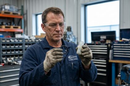Ingénieur industriel comparant une pièce en caoutchouc et une pièce en plastique dans un atelier de fabrication