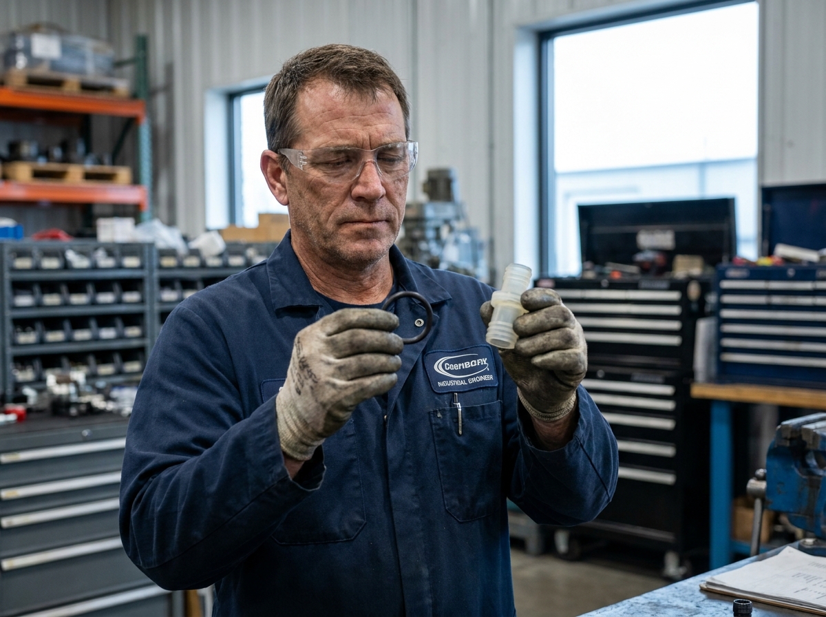 Ingénieur industriel comparant une pièce en caoutchouc et une pièce en plastique dans un atelier de fabrication