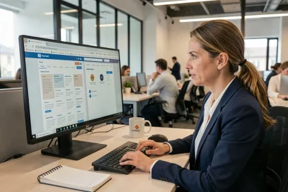 Employée de La Poste comparant l'ancien et le nouvel intranet Portail-malin sur un écran d'ordinateur en open-space