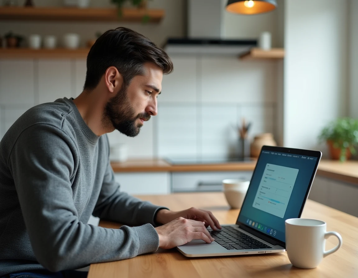 Homme accédant à un portail extranet d'entreprise depuis son domicile avec authentification double facteur