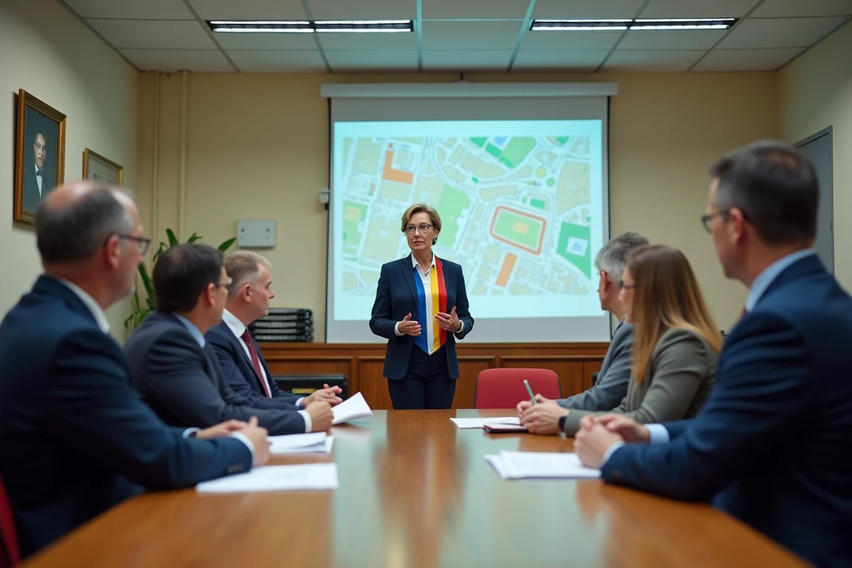 Réunion du conseil municipal avec une maire présentant un plan de revitalisation des commerces en centre-ville