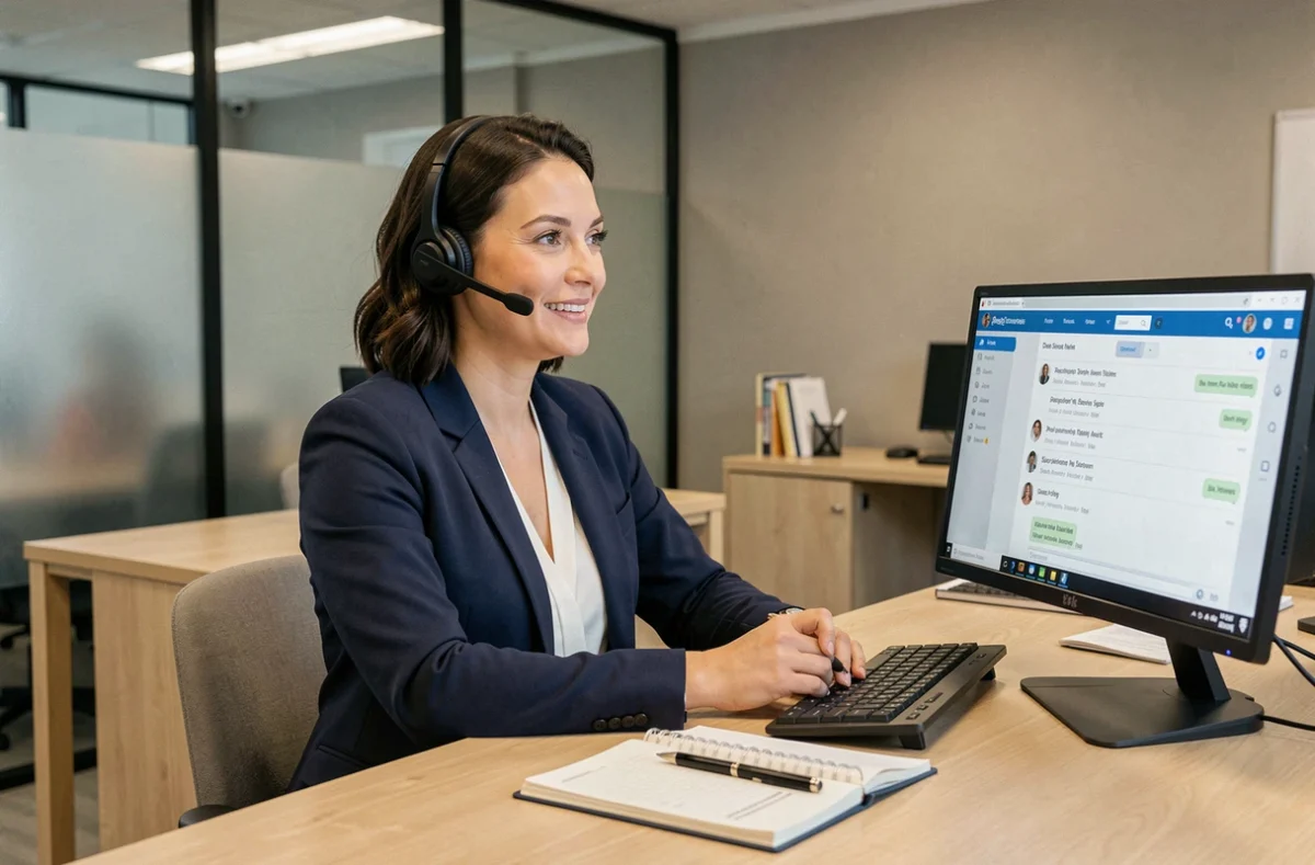 Conseillère du service client portant un casque sans fil à son bureau dans un open space moderne