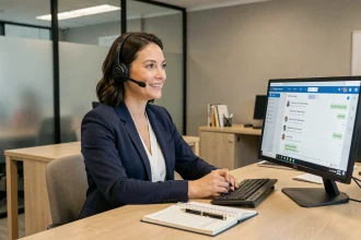Conseillère du service client portant un casque sans fil à son bureau dans un open space moderne