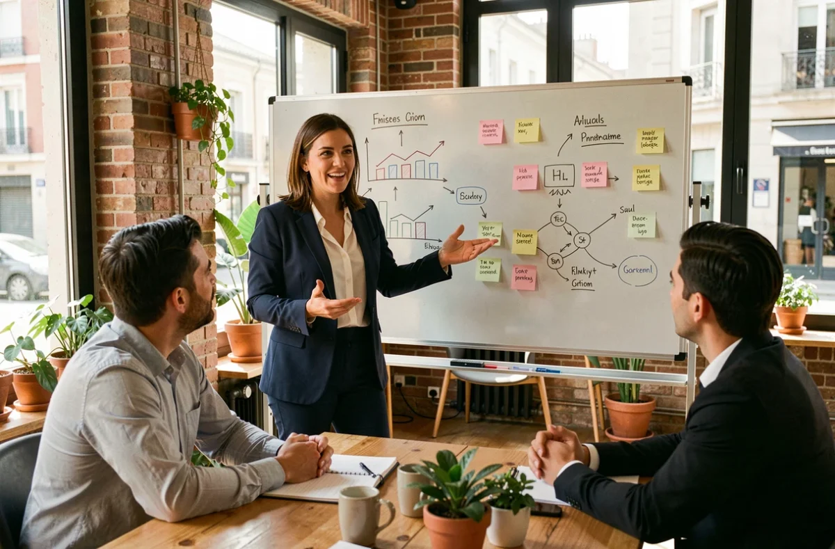 Consultante en business présentant un plan stratégique sur un tableau blanc dans un espace de co-working à Toulouse