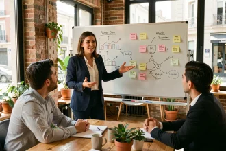 Consultante en business présentant un plan stratégique sur un tableau blanc dans un espace de co-working à Toulouse