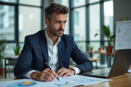 Consultant en stratégie GEO analysant des rapports tarifaires sur son bureau dans un bureau moderne