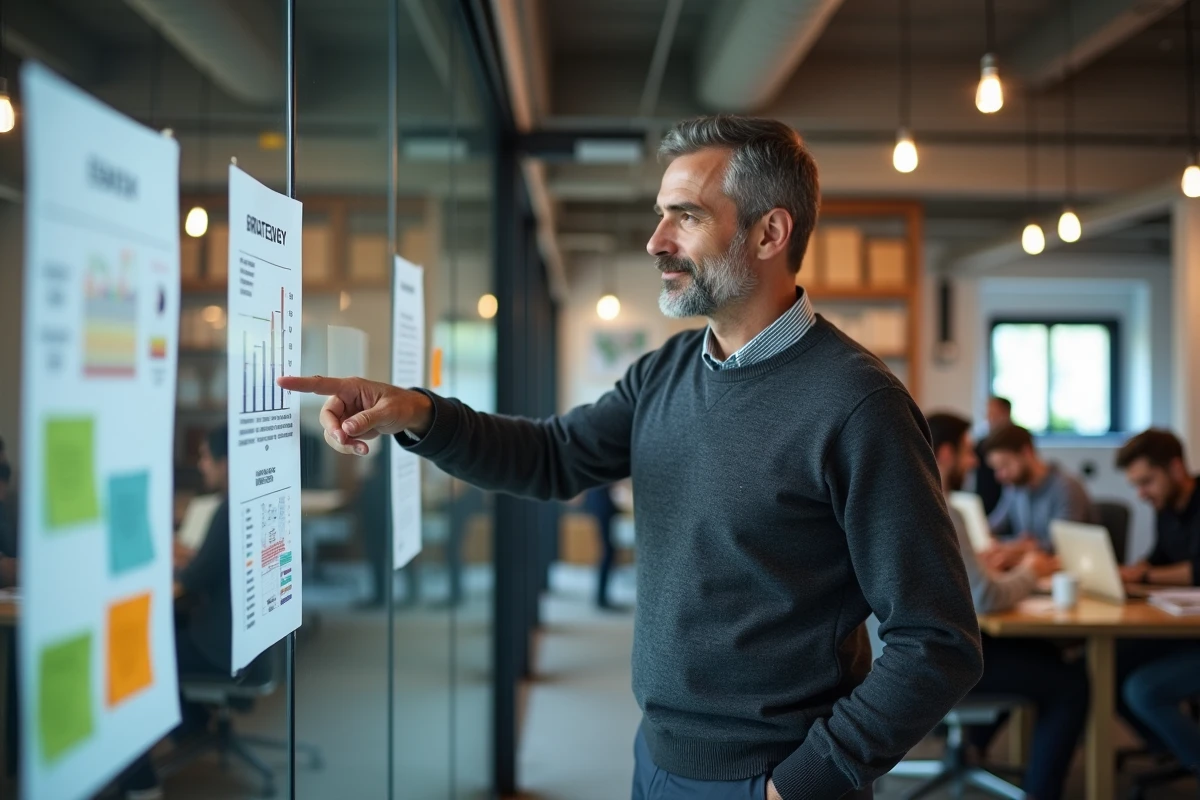 Consultant GEO présentant une stratégie de référencement devant un mur de notes dans un espace coworking