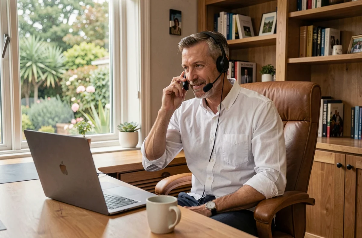 Consultant indépendant en télétravail dans un bureau à domicile confortable, symbolisant la flexibilité et la sécurité offerte par le portage salarial