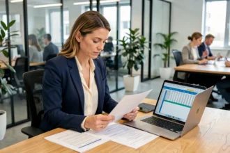 Consultante indépendante analysant des contrats de portage salarial dans un espace de coworking professionnel