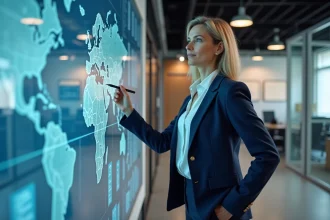 Consultante en marketing territorial présentant une carte interactive des opportunités d'implantation d'entreprises sur LeTerritoireEntreprise.fr