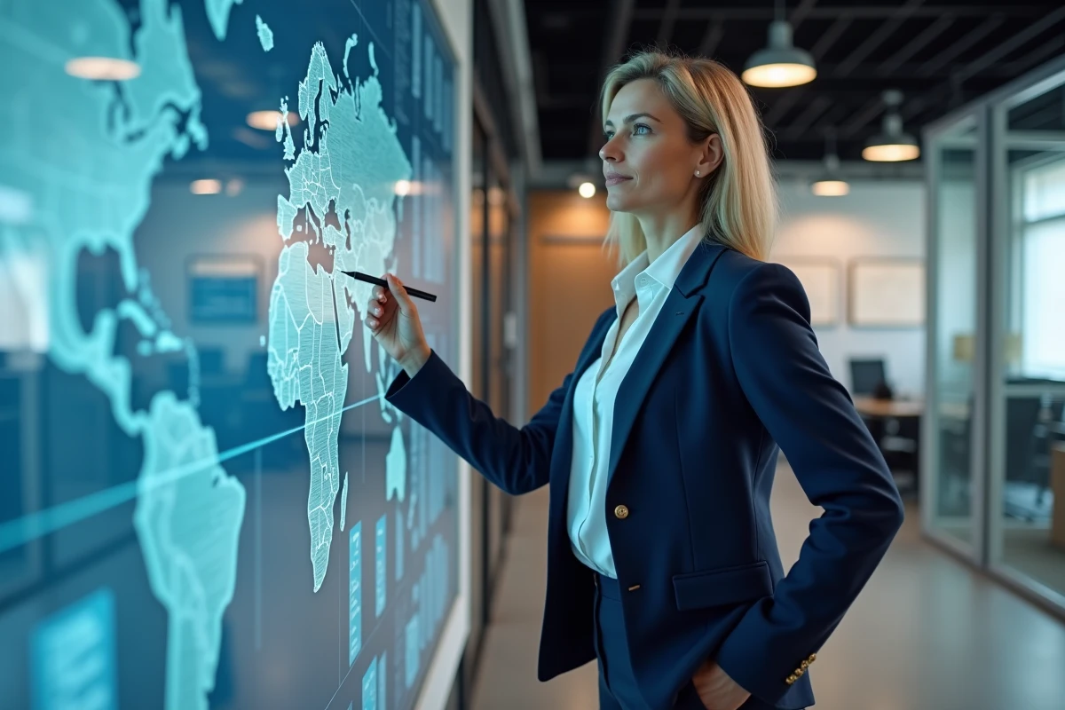 Consultante en marketing territorial présentant une carte interactive des opportunités d'implantation d'entreprises sur LeTerritoireEntreprise.fr