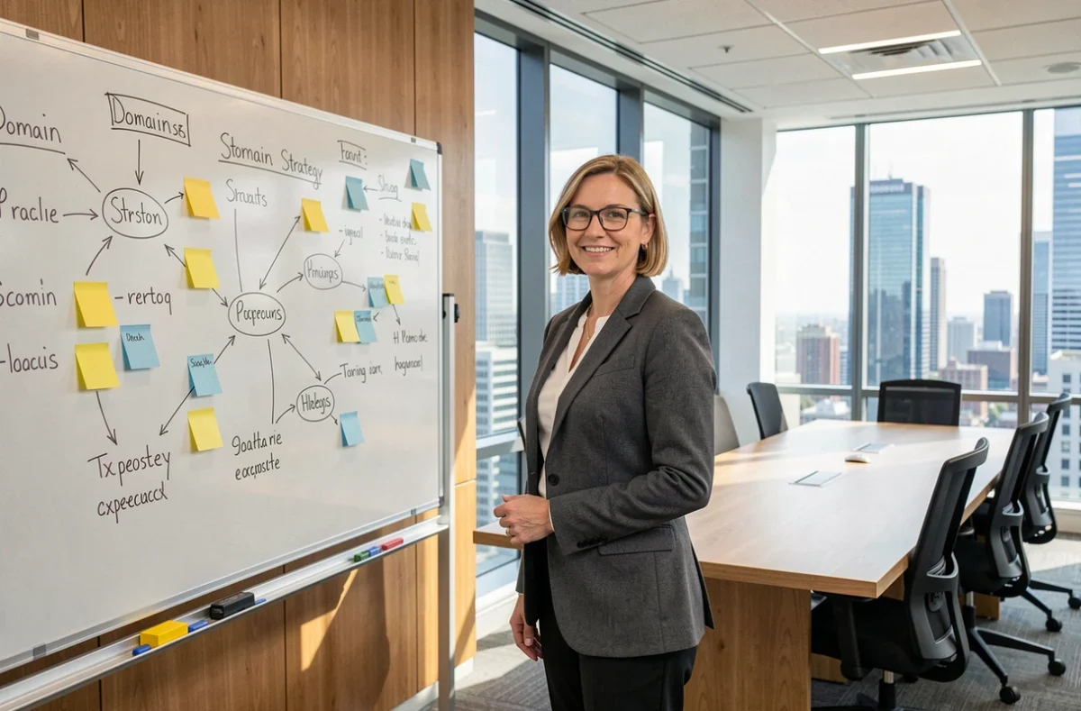 Consultante présentant une carte de stratégie de domaine sur un tableau blanc dans une salle de réunion d'entreprise