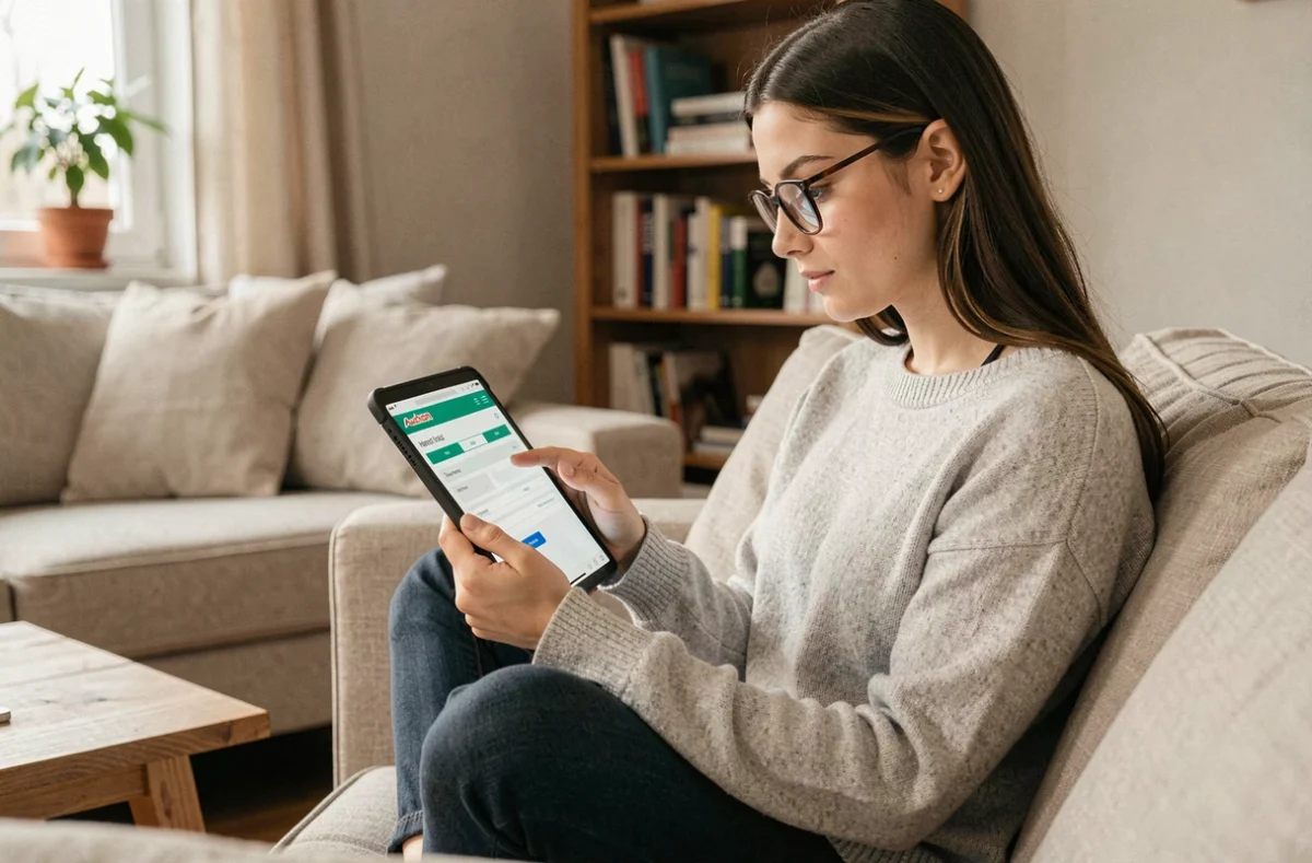 Jeune employée Auchan consultant son compte hr4you depuis chez elle sur une tablette numérique