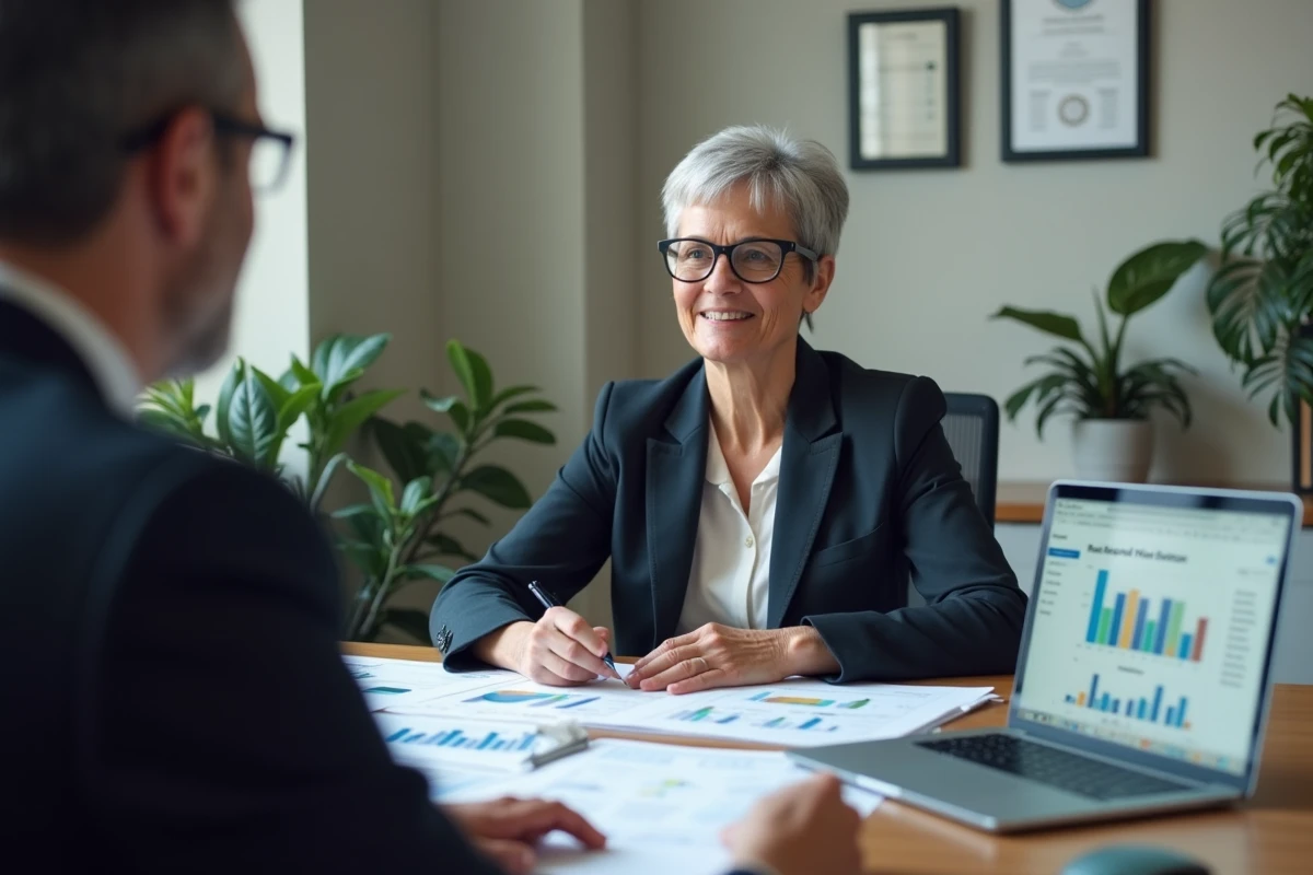 Femme consultant un conseiller patrimonial pour évaluer les avantages d'une holding immobilière
