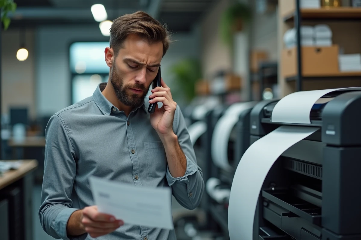 Homme au téléphone dans une imprimerie tenant une facture pour signaler un litige de paiement