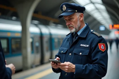 Contrôleur SNCF en uniforme vérifiant un billet de train sur un quai de gare française