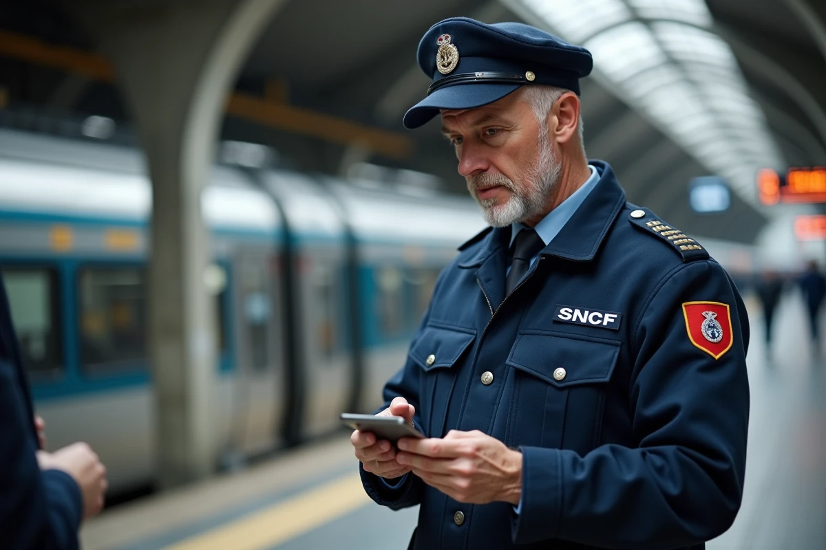 Contrôleur SNCF en uniforme vérifiant un billet de train sur un quai de gare française
