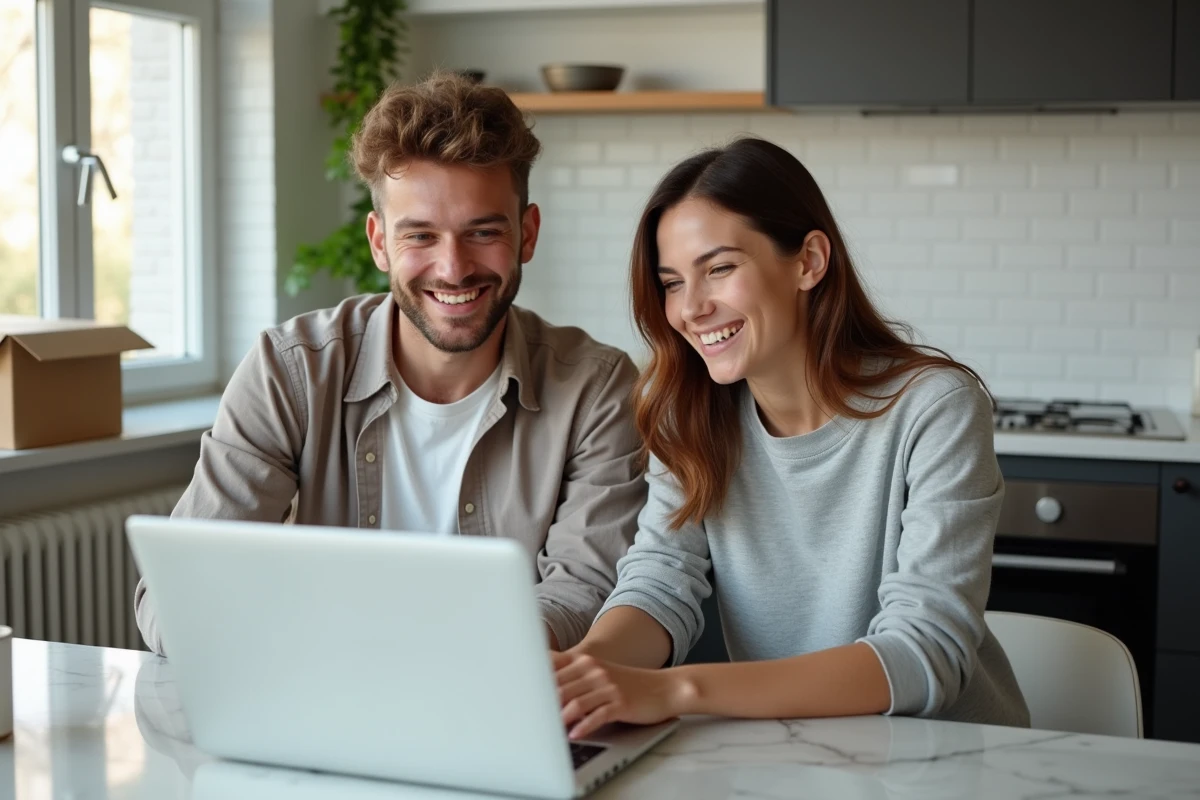 Couple effectuant un changement d'adresse en ligne pour la réexpédition de courrier après déménagement