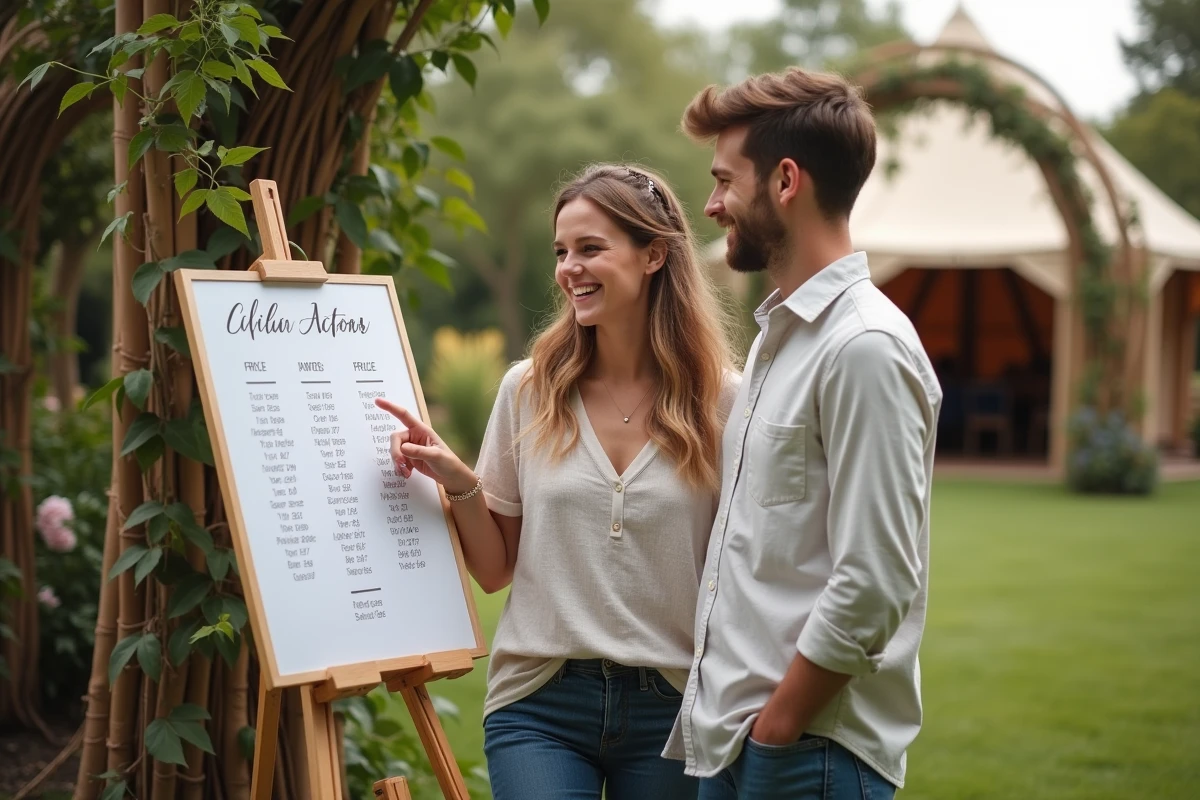 Couple discutant des prix d'un photo booth tout compris lors d'un mariage en plein air