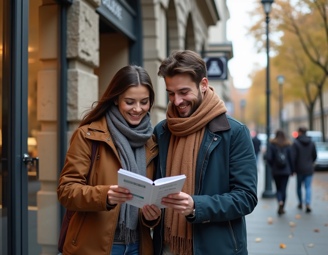 Couple découvrant des idées de loisirs et culture avec un Shopping Pass devant un établissement culturel en ville