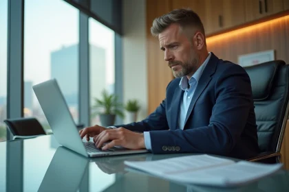Courtier assurance homme au bureau moderne et lumineux