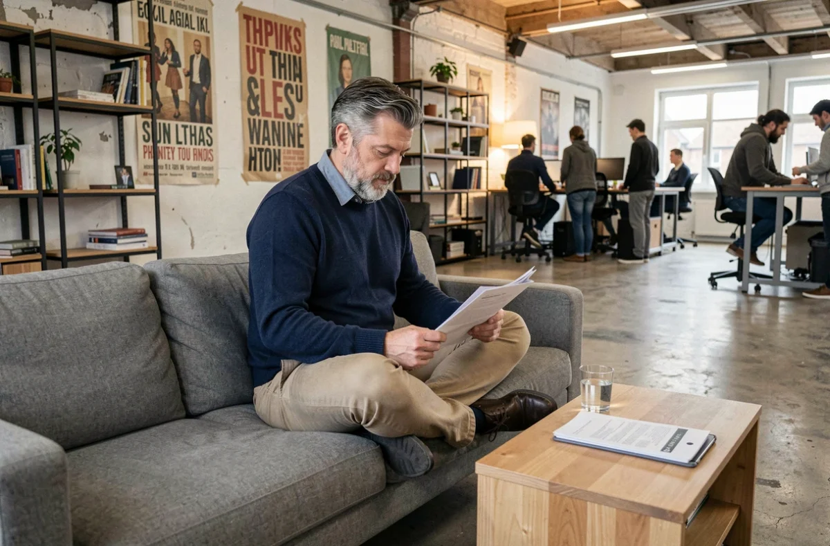 Homme en télétravail dans un espace de coworking style loft industriel abordable à Vannes