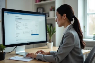 Femme utilisant le portail Prodouane sur un ordinateur de bureau pour créer son compte douanier en ligne