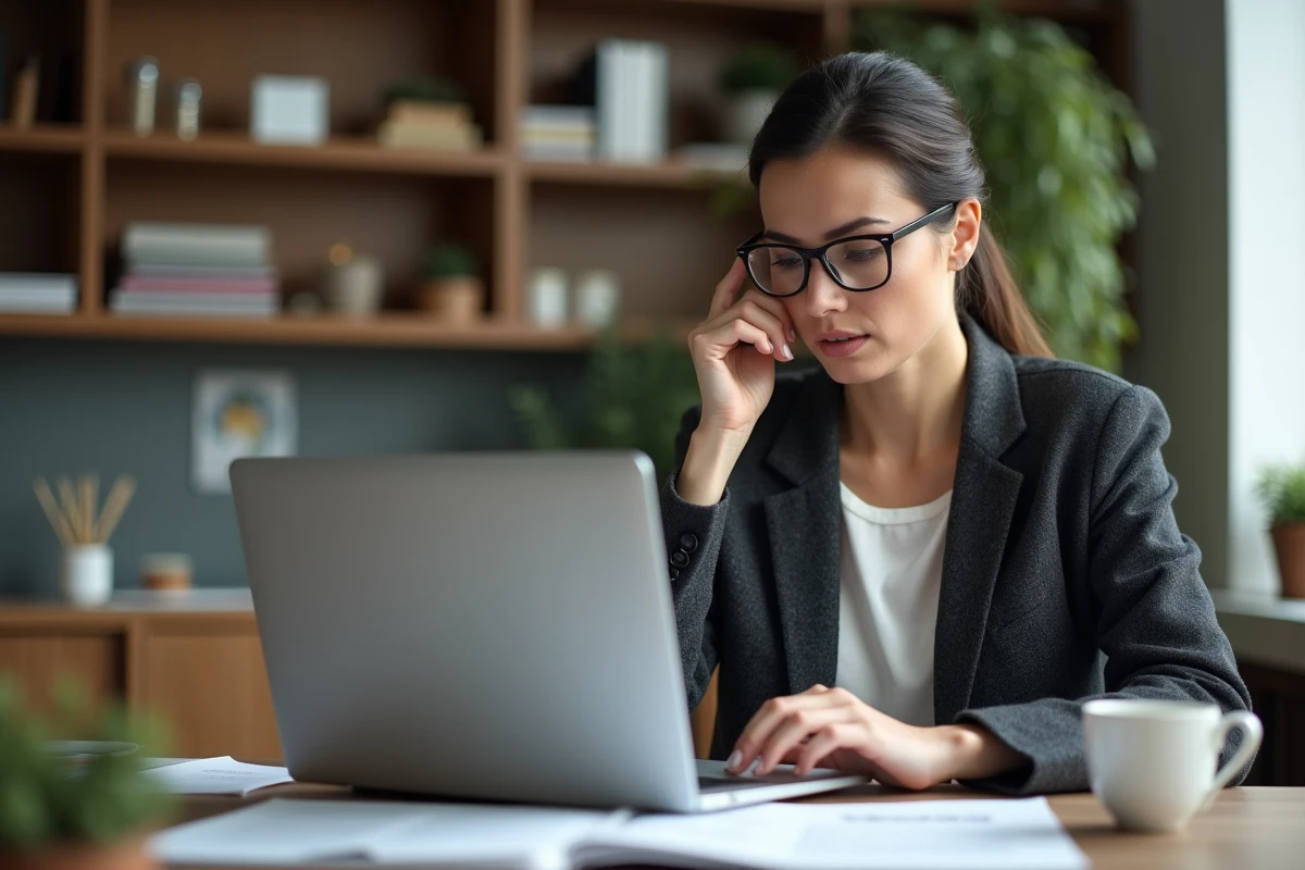 Femme cadre travaillant sur sa déclaration fiscale d'heures supplémentaires depuis son bureau à domicile