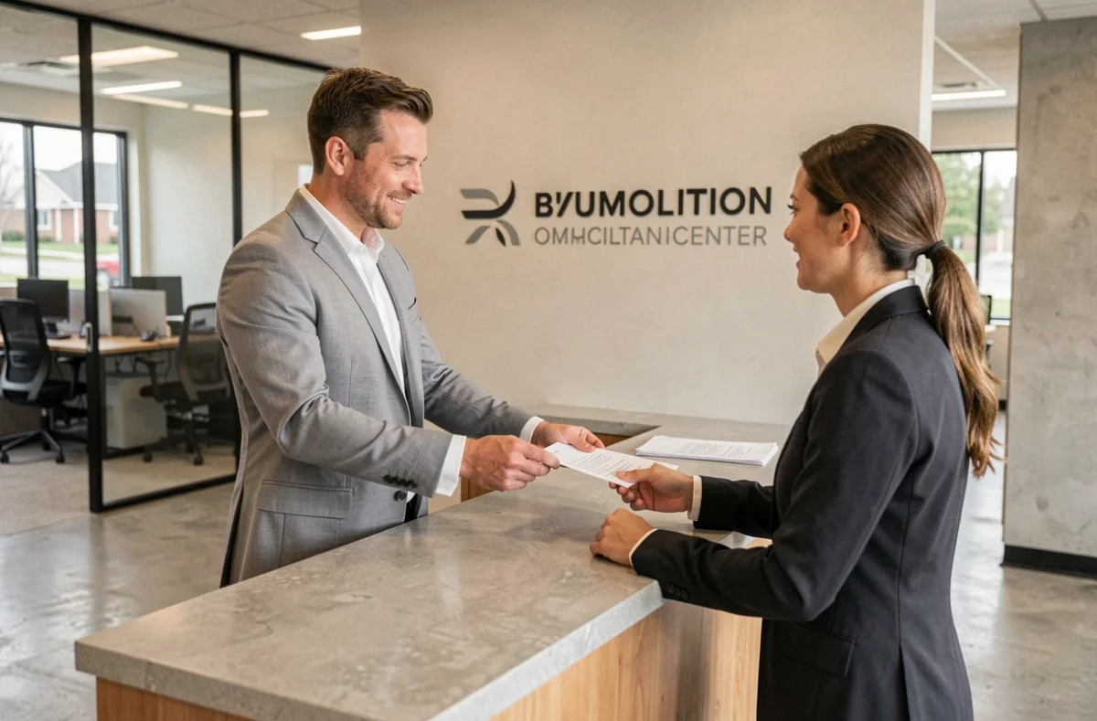 Entrepreneur finalisant les démarches de domiciliation de son entreprise à l'accueil d'un centre d'affaires à Boulogne-Billancourt