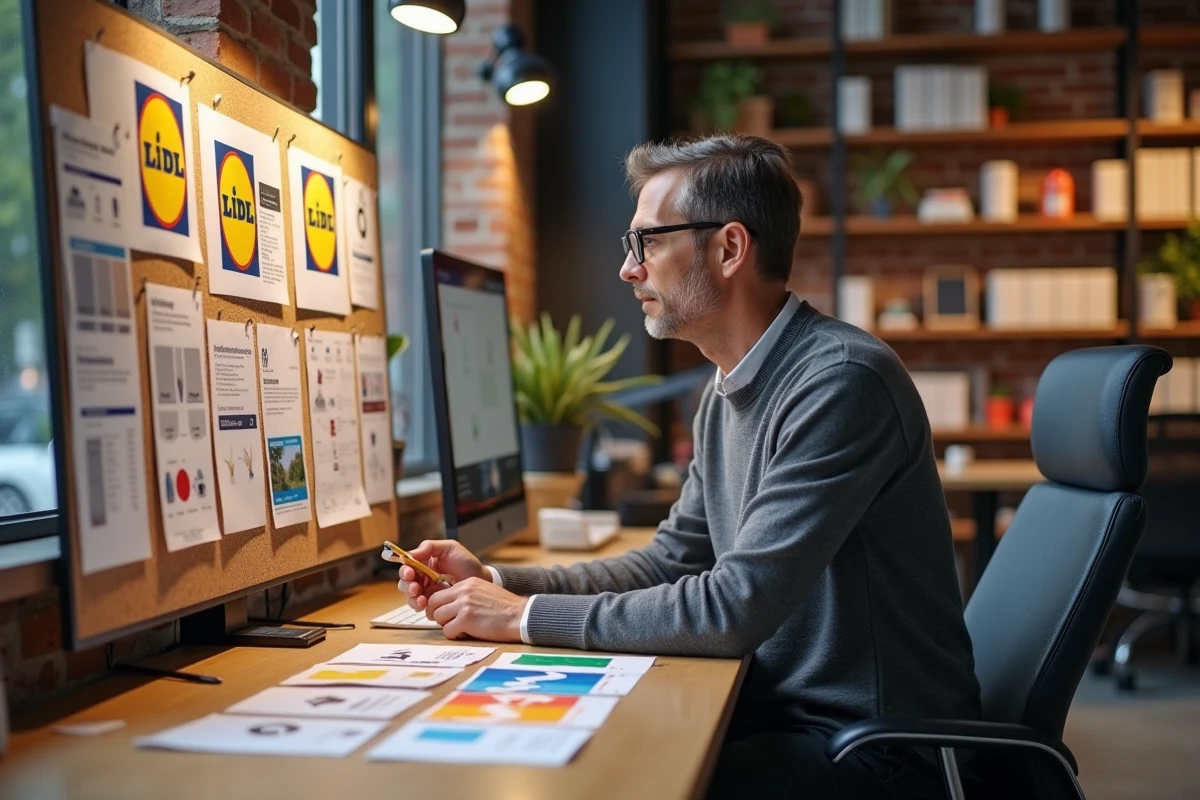 Designer graphique analysant et comparant les logos de grandes enseignes dont Lidl dans un studio créatif