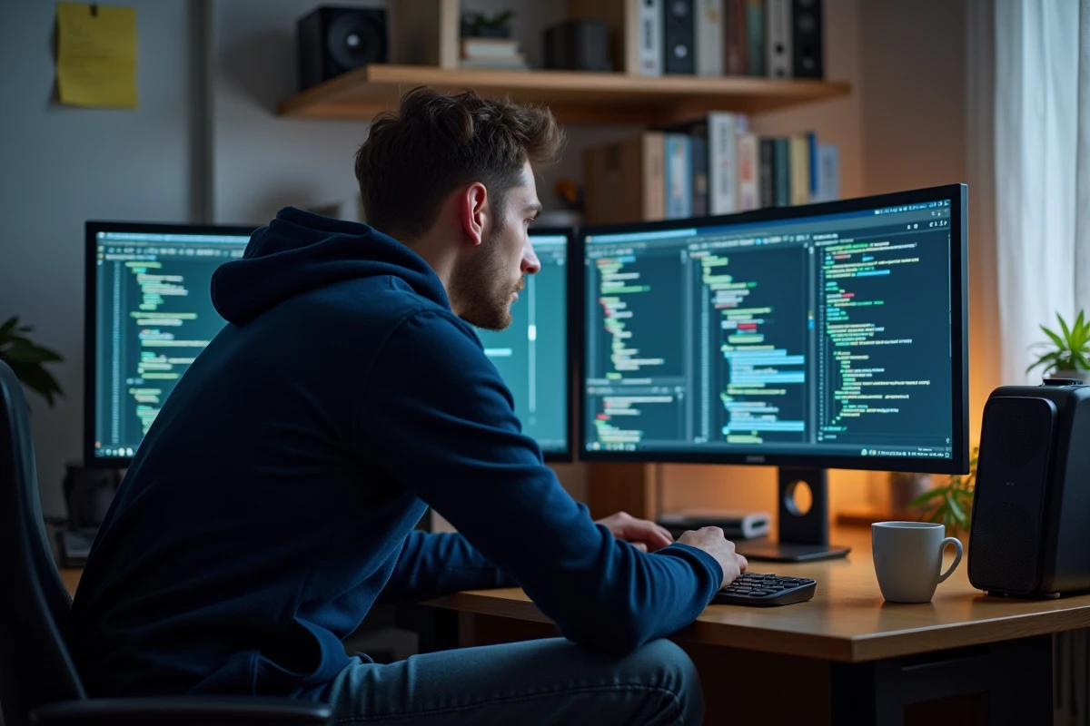 Développeur web configurant un widget de chat en ligne avec des erreurs visibles sur un double écran dans un bureau à domicile
