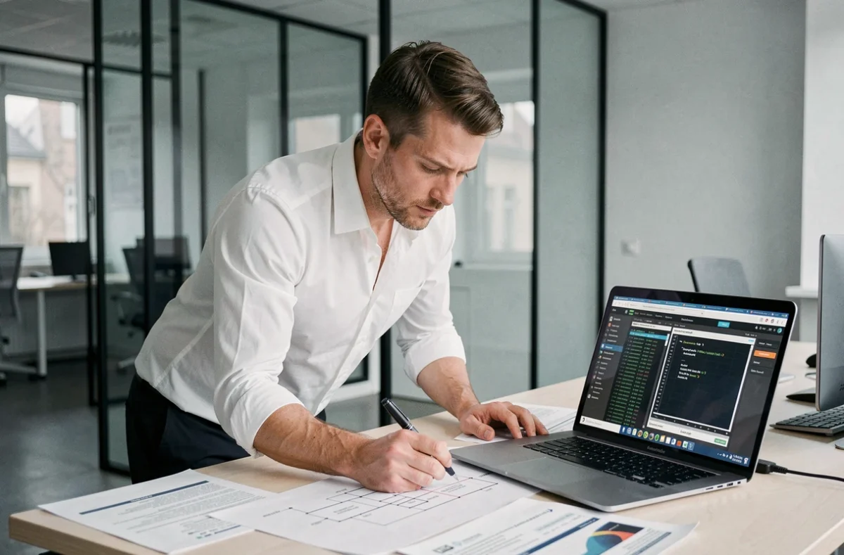 Consultant SEO technique de Digital Position à Strasbourg analysant des rapports d'audit de site et des erreurs de crawl sur un ordinateur portable dans un bureau moderne vitré