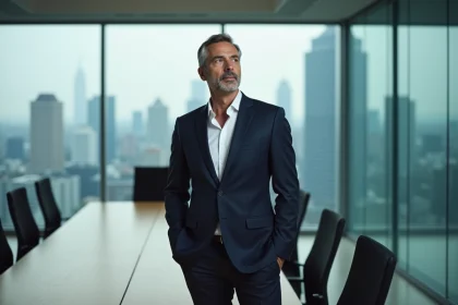 Dirigeant d'entreprise technologique en costume sombre contemplant la stratégie depuis une salle de réunion avec vue sur la ville