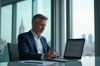 Dirigeant d'entreprise analysant une interface IA conversationnelle sur son ordinateur portable dans une salle de réunion moderne, contexte RGPD et conformité numérique