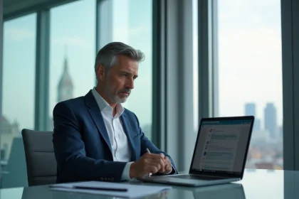 Dirigeant d'entreprise analysant une interface IA conversationnelle sur son ordinateur portable dans une salle de réunion moderne, contexte RGPD et conformité numérique