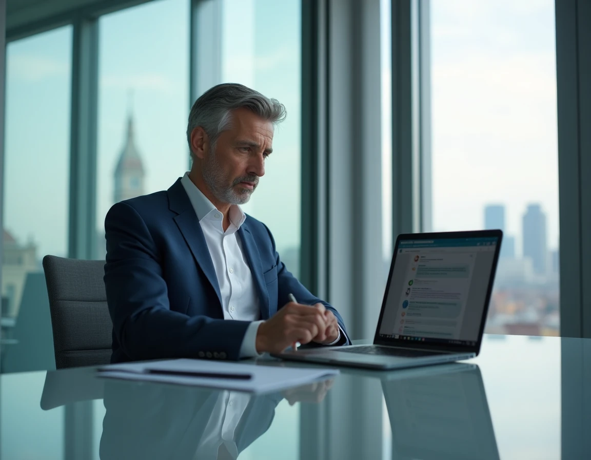 Dirigeant d'entreprise analysant une interface IA conversationnelle sur son ordinateur portable dans une salle de réunion moderne, contexte RGPD et conformité numérique