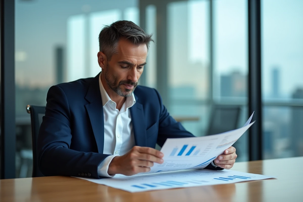 Dirigeant de Nitrofer analysant les résultats financiers et le chiffre d'affaires 2026 en salle de réunion
