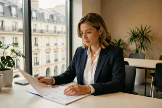 Femme d'affaires consultant des documents de domiciliation d'entreprise dans un bureau moderne à Boulogne-Billancourt