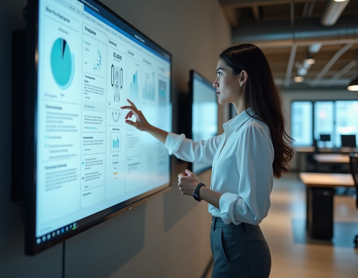 Responsable de la protection des données devant un tableau de bord de conformité RGPD dans un bureau technologique moderne, illustration de la gouvernance des données IA