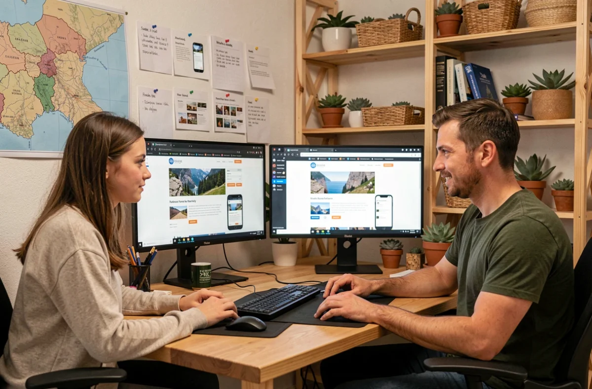 Duo de créateurs de sites internet de l'agence Duo Web dans le Haut-Rhin devant leurs écrans