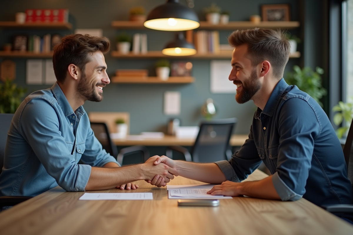 Jeune homme et responsable serrent la main lors d